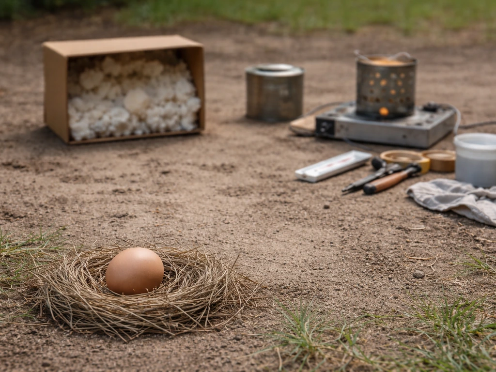 Wildlife rescue warning-style scene with a staged homemade incubator setup kept far from a nest egg.