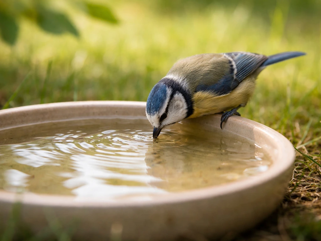A small wild bird drinking from a shallow dish of clean water outdoors