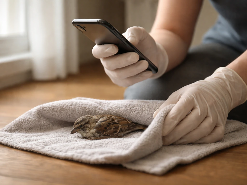 Caregiver in gloves observing a weak wild bird and holding a phone to call a wildlife rehabilitator.
