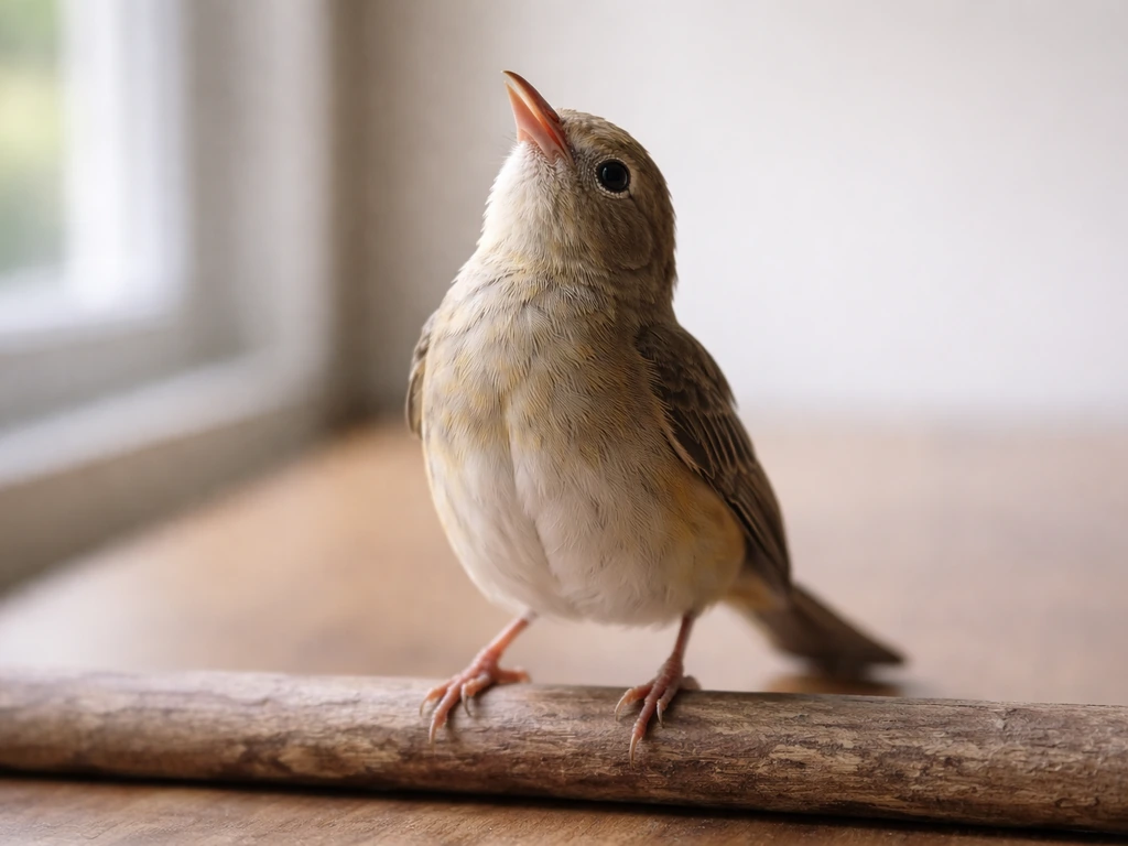 Small bird perched with head upright in a calm indoor setting during a gentle wellness check.