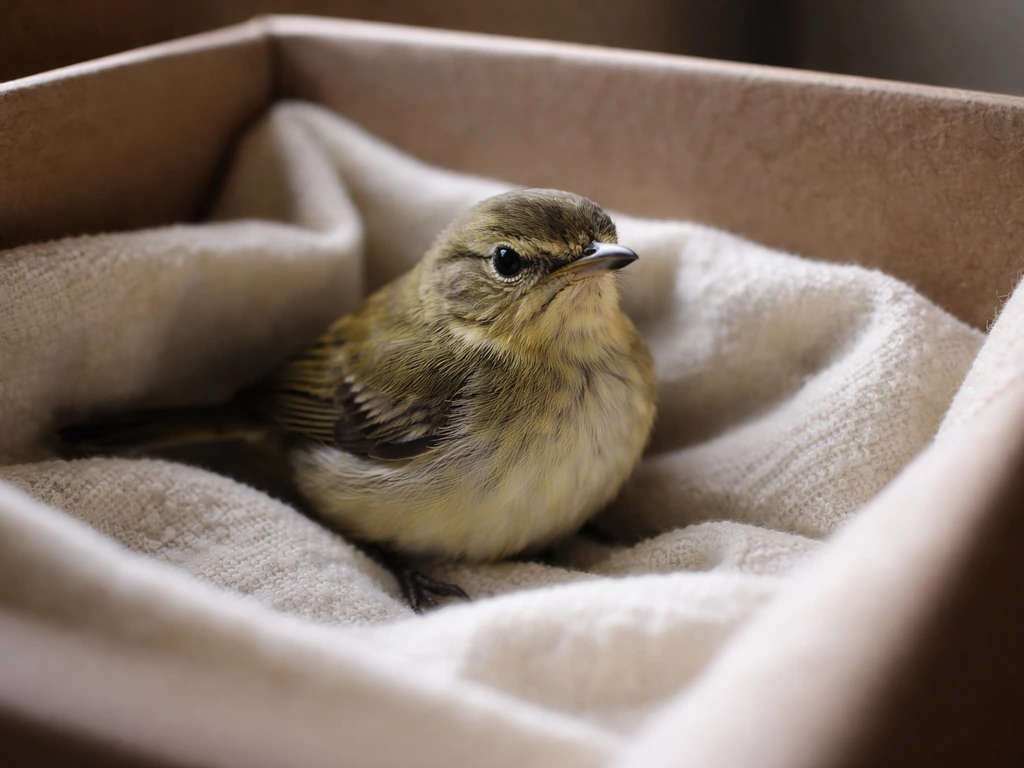 Alert but weak wild bird perched inside a calm holding box, eyes open and responsive.