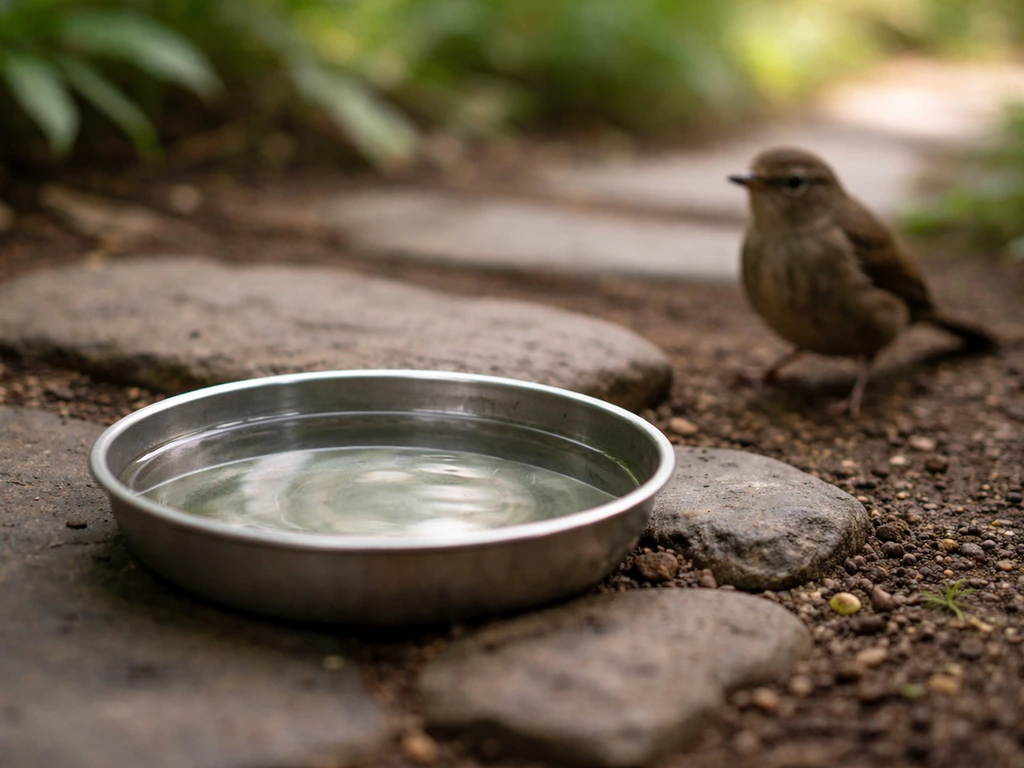 Small shallow dish with clean room-temperature water near a wild bird outdoors, step-back candid moment