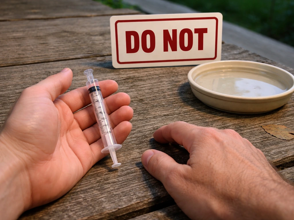 Close-up of a person’s hand near an empty dropper and shallow dish for a wild bird, with a clear warning sign