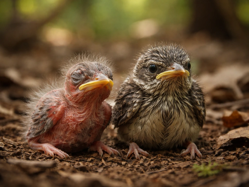 Close-up of a nestling and a fledgling side-by-side on leaf litter with blurred forest background.