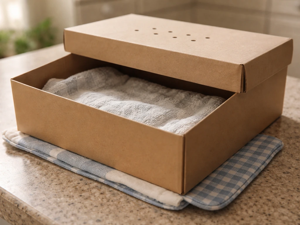 Shoebox rescue container with ventilation holes, lined cloth, and a gentle heat source underneath, no bird visible.