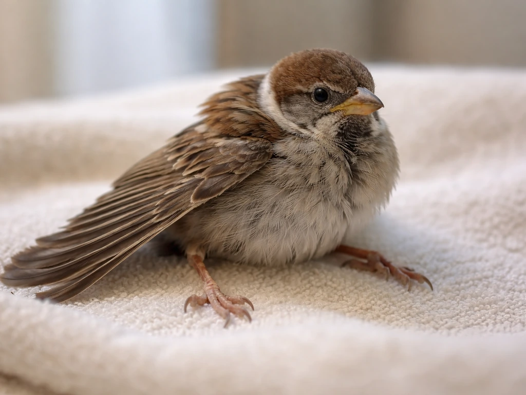 Close-up of an injured bird showing wing droop and leg splay in a calm, minimal setting.