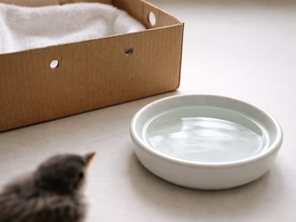 Close-up of shallow room-temperature water beside a lined cardboard box with air holes for a rescued fledgling bird.