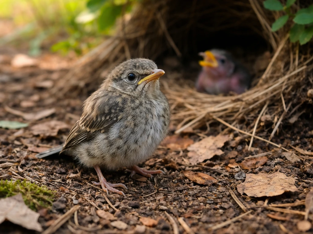 Mostly feathered fledgling standing upright on leaf litter, with a sparse-feather nestling nearby.