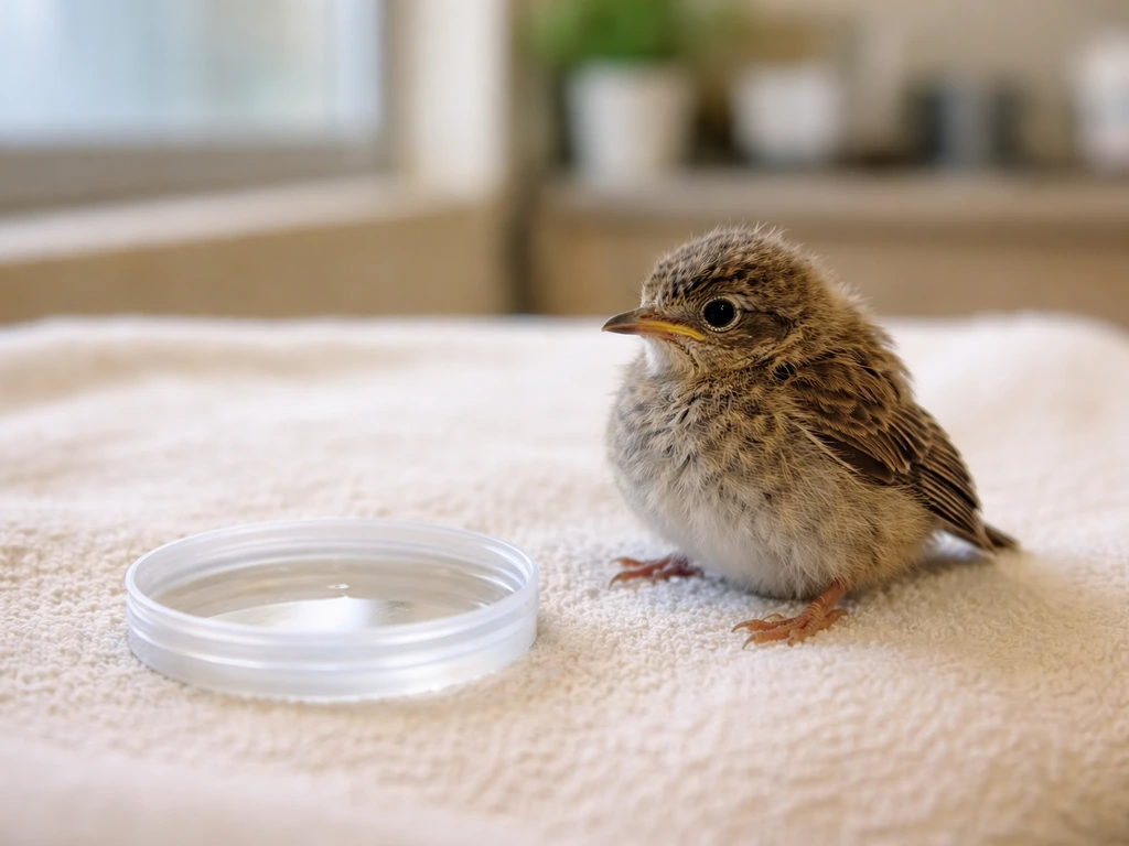Alert upright fledgling resting beside a shallow lid with a tiny drop of plain water in a quiet rehab waiting setup.