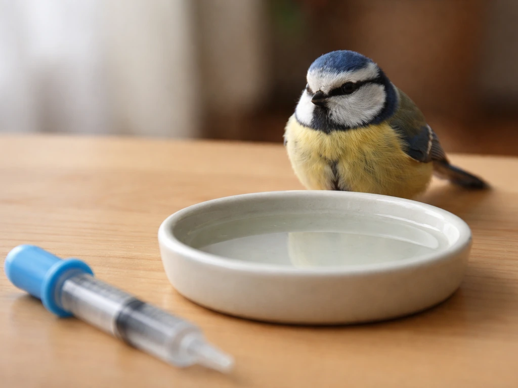Close-up of a small bird near a shallow water dish, with a dropper kept away