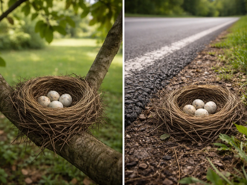 Split view: two bird nests on branches—one low and calm, one beside a road with clear danger.