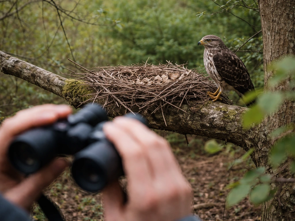 Person with binoculars observing a bird nest from 10–15 feet away as a parent bird stays nearby