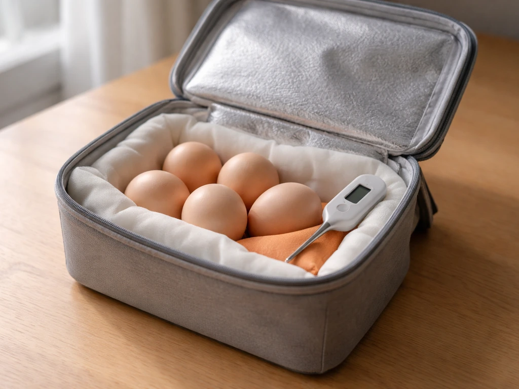 Insulated container of bird eggs nestled in a warm hand-warmer setup with a thermometer nearby.