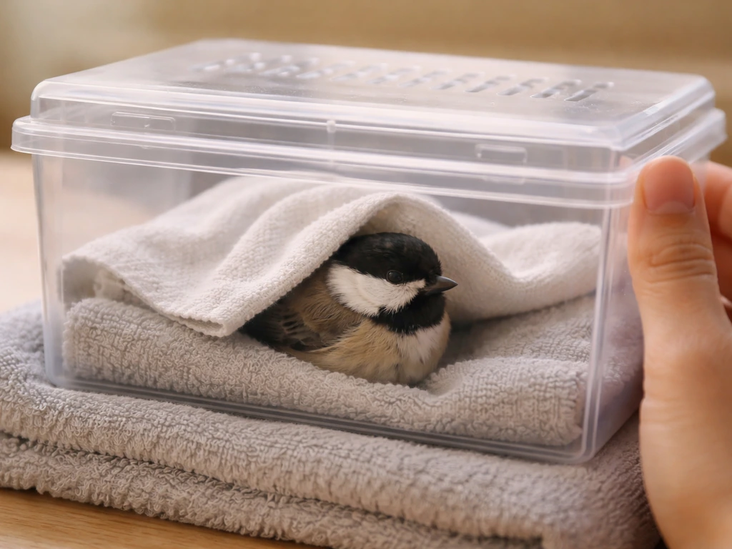 Small bird resting in a covered ventilated box, with a gentle hand stabilizing it safely.