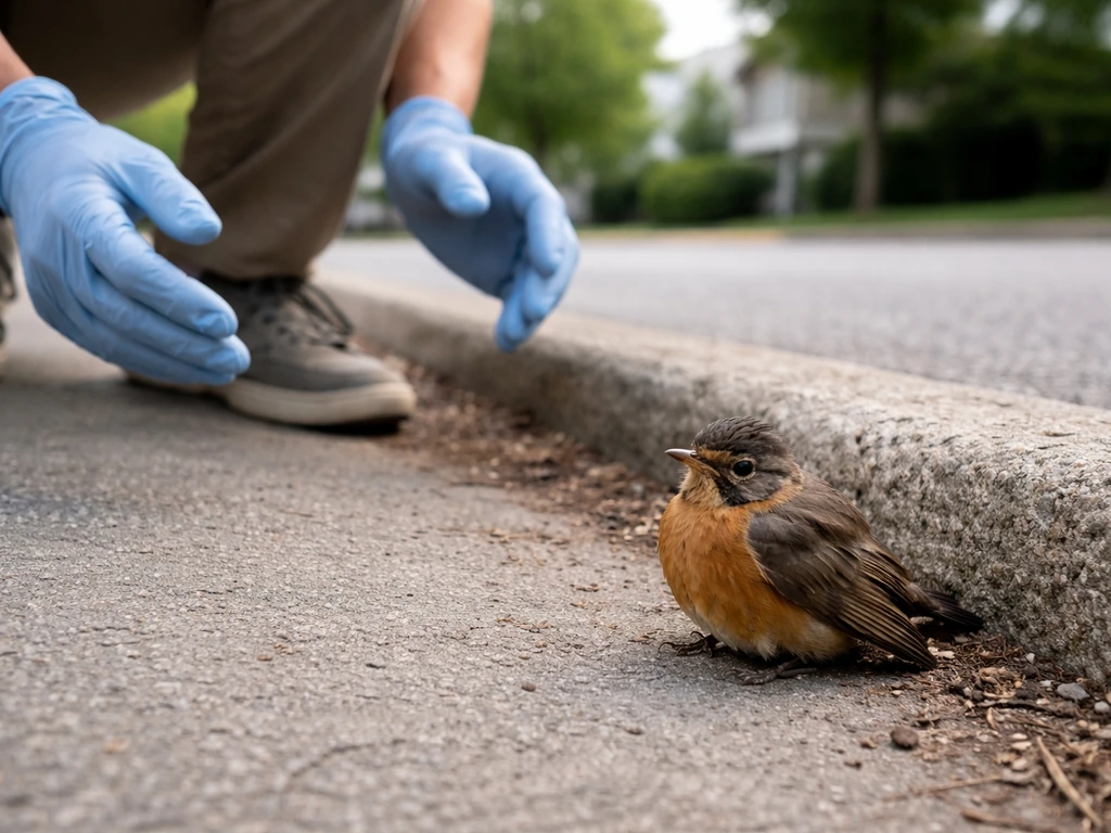 Rescuer keeping distance while assessing an injured songbird on the ground