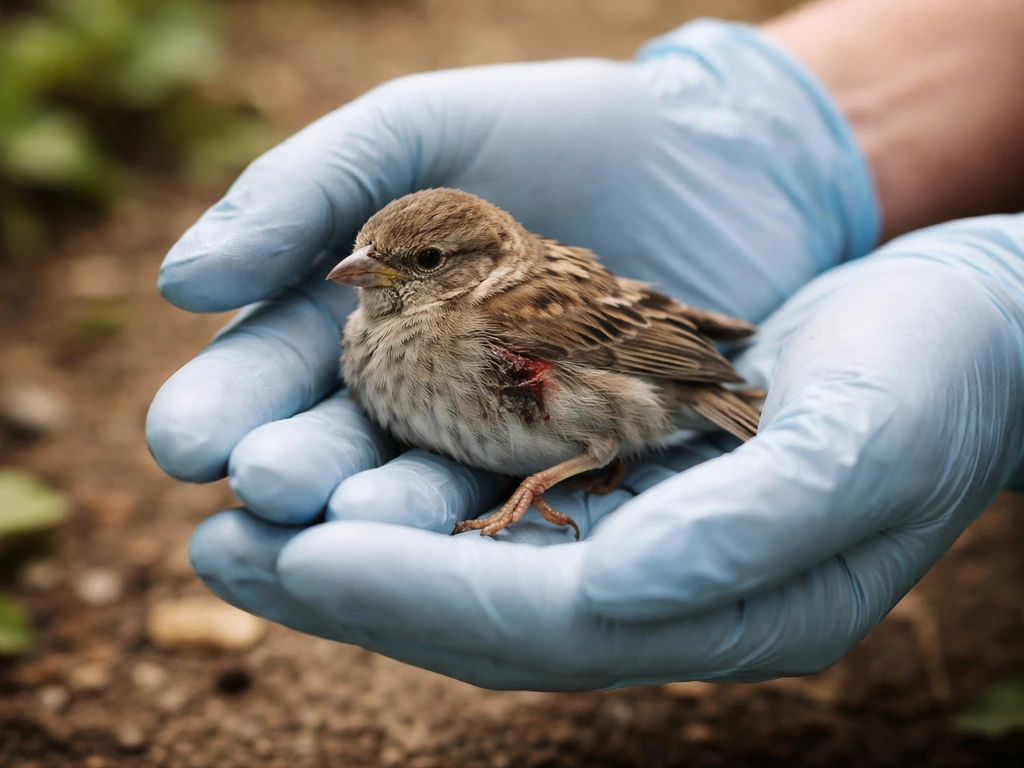 Gloved hands holding an injured bird on the ground, with ruffled feathers and subtle damp spots visible.