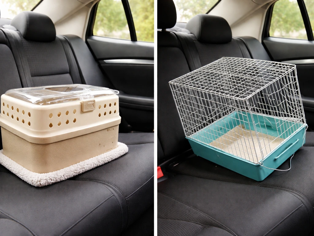 Two-side-by-side car transport setups for a bird: ventilated lined box on left, unsafe open cage on right.