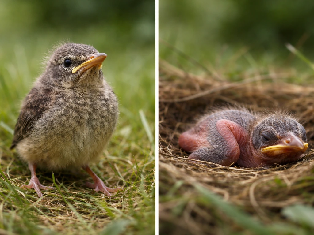 Side-by-side photo of a small feathered fledgling standing upright and a mostly naked nestling resting low.