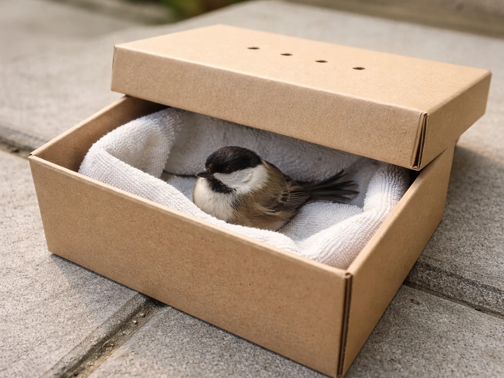 A small wild bird safely stabilized in a lidded cardboard box lined with soft cloth.