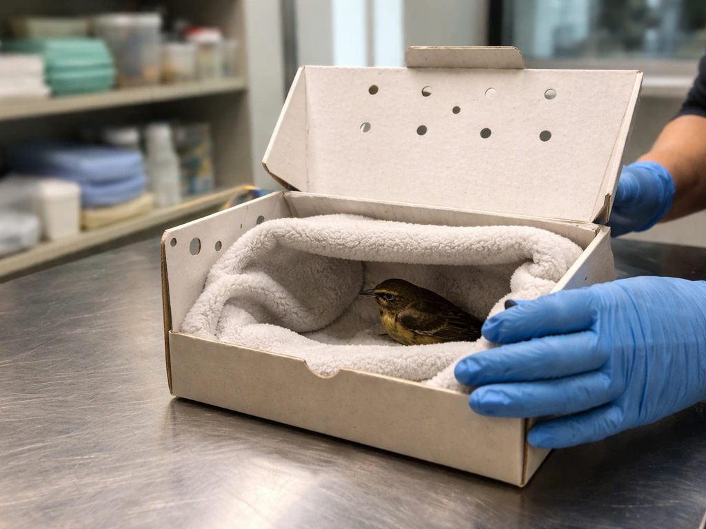 Gloved rehab worker prepares a ventilated holding box for a small bird inside a wildlife facility.