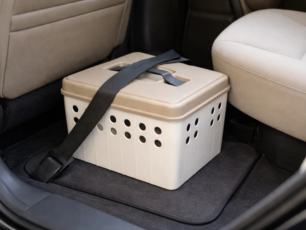 Ventilated bird transport box secured on the car seat floor with seatbelt for stability.