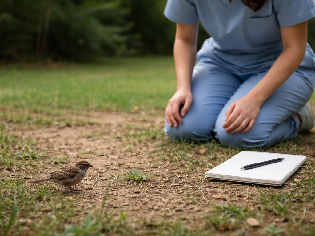 Caregiver calmly observing a small bird from a safe distance in a quiet yard during a safety check.