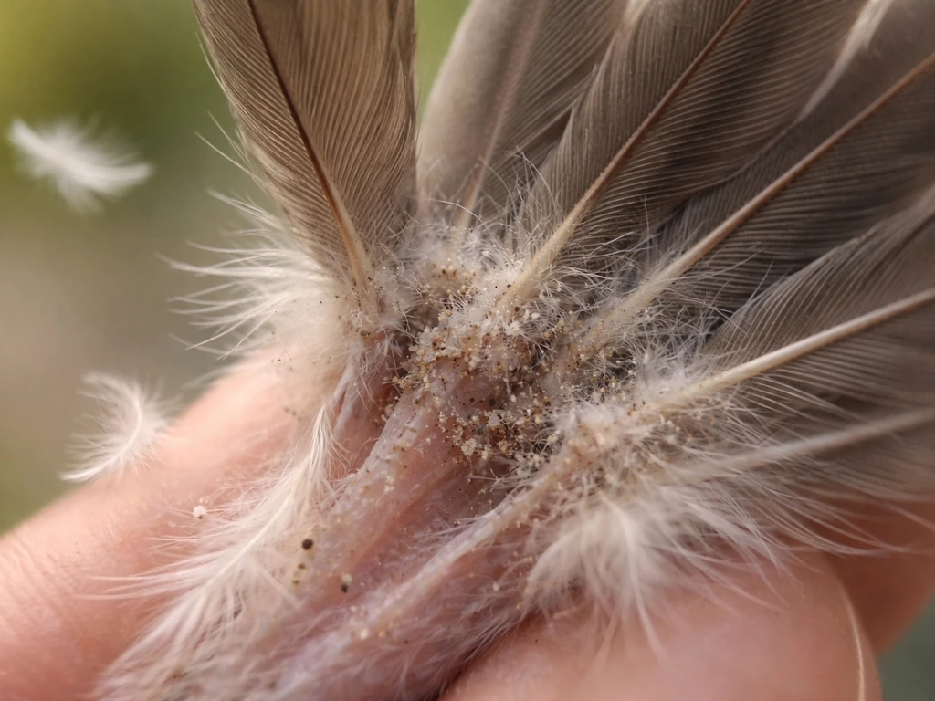 Macro close-up of fanned bird feathers showing subtle tiny specks near the feather shafts.