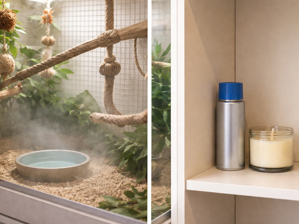 Split scene: bird-safe humid corner with clean water dish vs nearby scented spray area kept apart