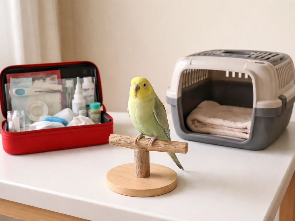 Calm pet bird on a perch beside a phone and a vet carrier, suggesting at-home vs professional care.