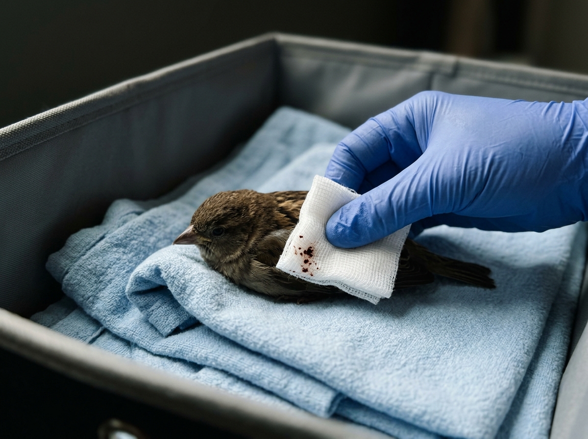 Applying gentle direct pressure to a bleeding bird wound with gauze