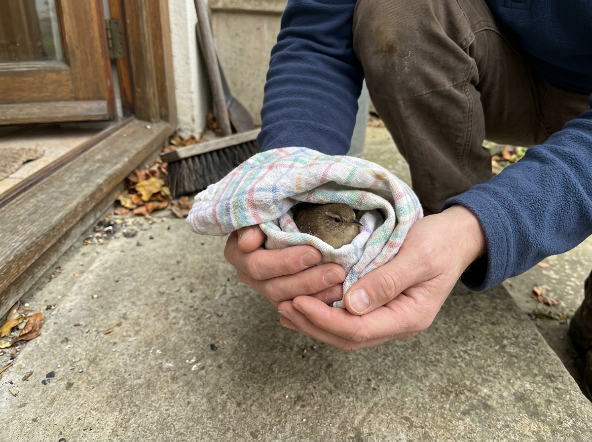 Scooping an injured bird using a cloth and both hands for safe handling