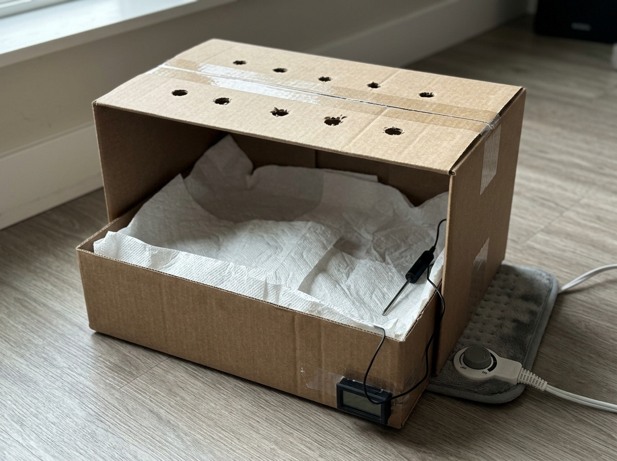 Recovery box setup with ventilation holes, lining, and partial heat