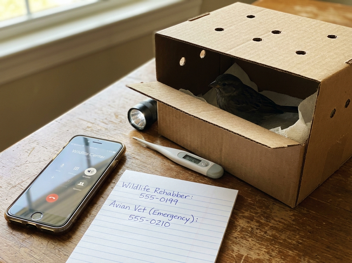 Calling a wildlife rehabber while an injured bird is safely contained