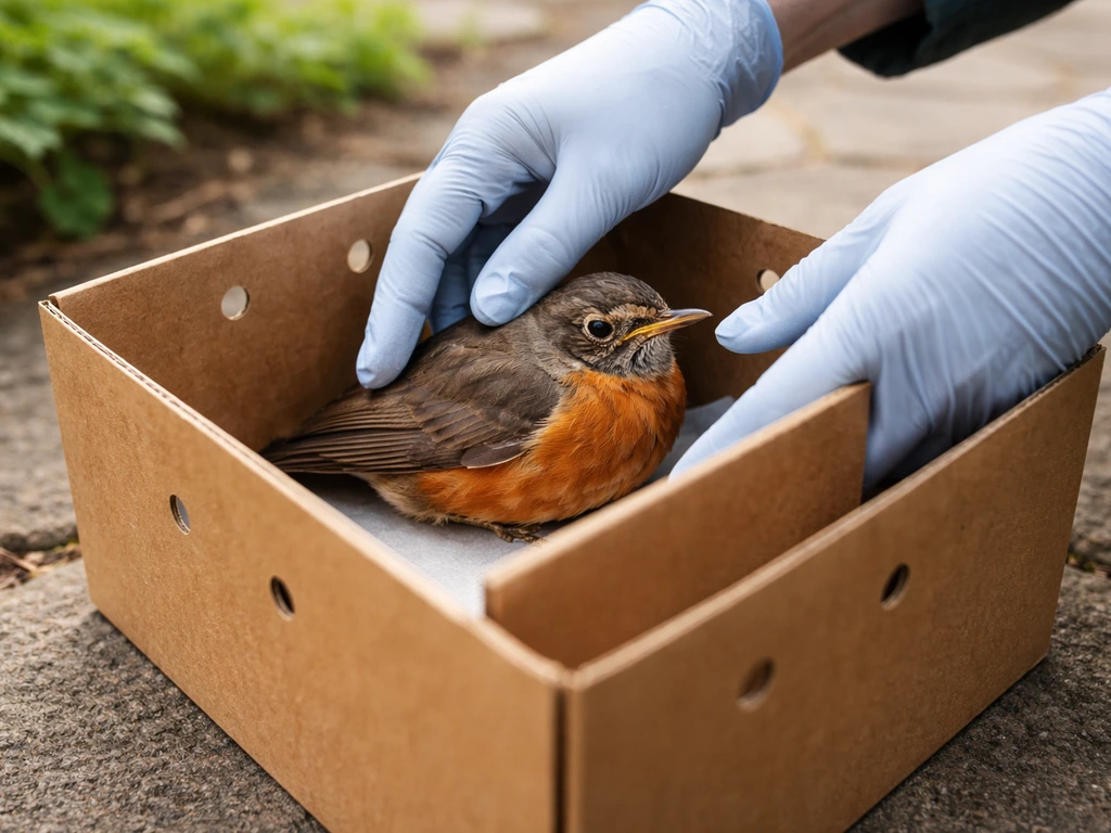 Calm hands placing an injured robin into a ventilated cardboard box outdoors after removing it from danger