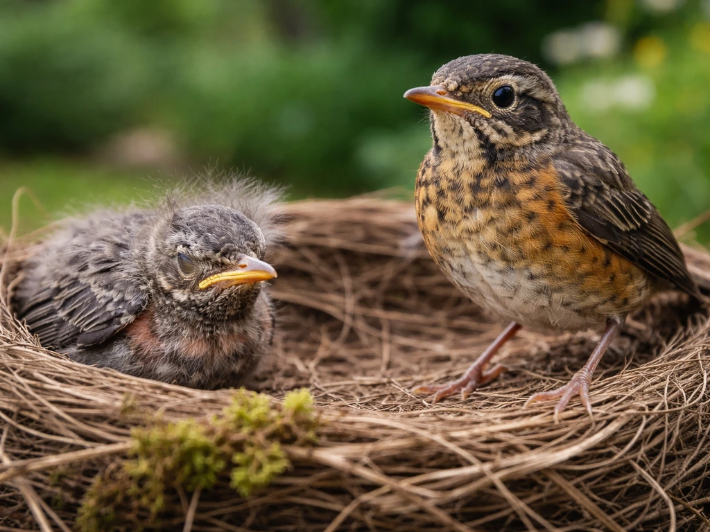 Side-by-side robin nestling and fledgling showing feather growth and ability to stand or hop.