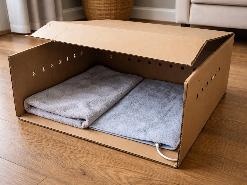 A ventilated dark cardboard box with a pet heating pad under one side, creating a warm escape-proof rescue space