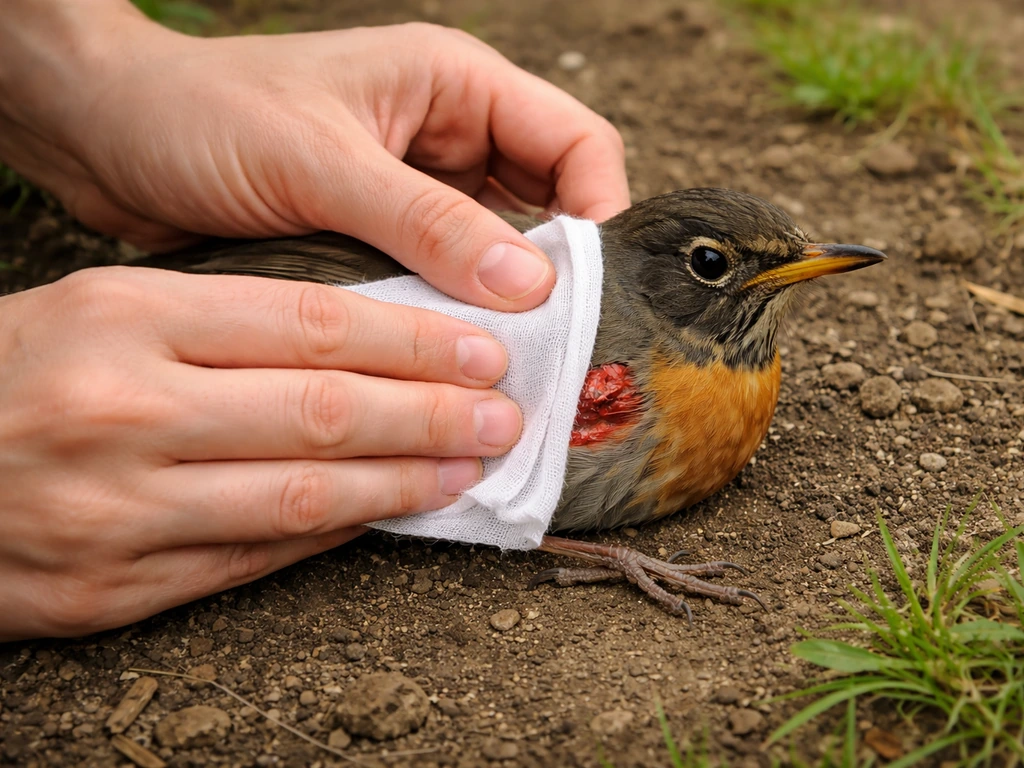 Hands gently pressing a clean cloth on an injured robin’s active bleeding area.