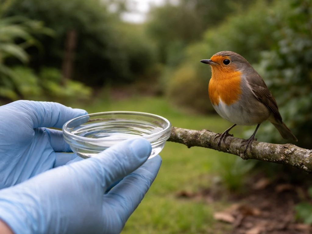 Gloved hands remove a small water dish while a robin perches nearby, signaling not to feed or water it.