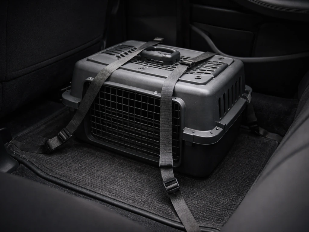 Ventilated dark transport box secured on a car floor with straps, ready for safe robin transport.