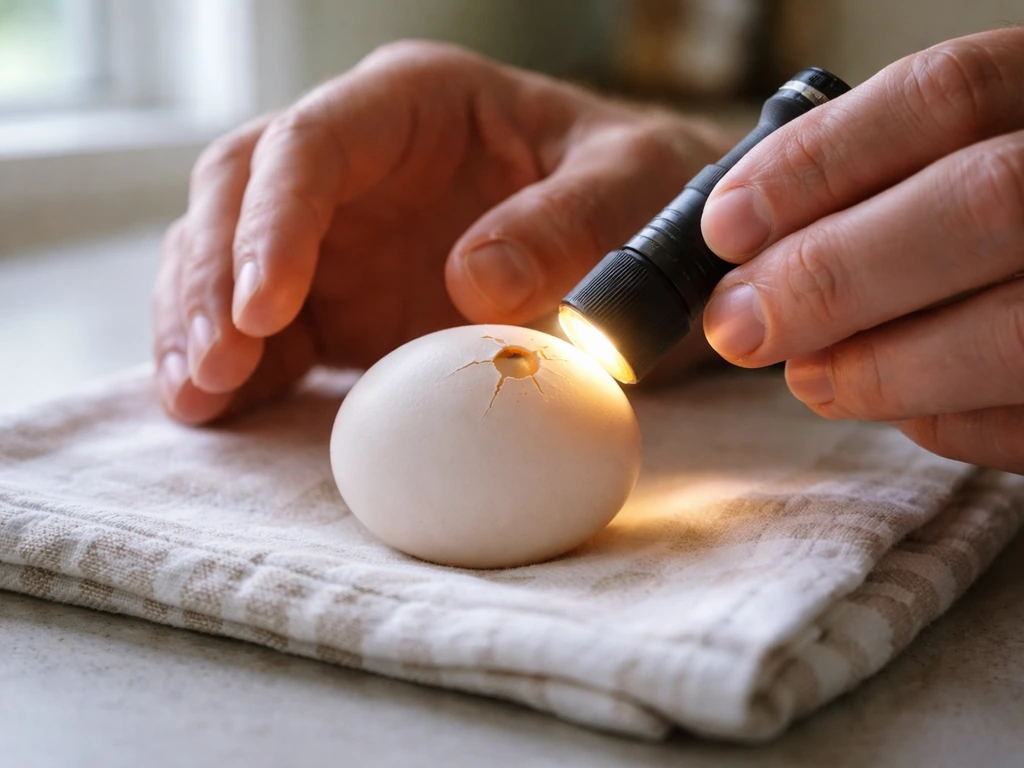 Hands hovering beside an illuminated egg on a towel, checking for signs of a living chick without touching.