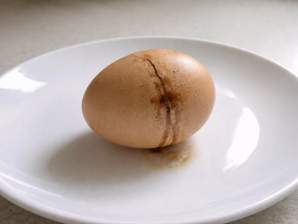 Raw egg on a plate with a dark stained, weeping discolored crack in the shell.