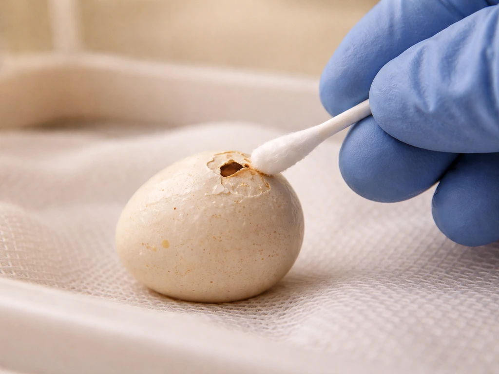 Close-up of an egg with a small pip opening while a cotton swab gently moistens the membrane in a clean warm setting.