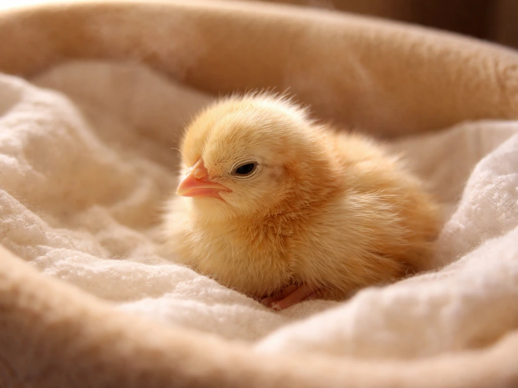 Tiny newly hatched chick resting in a softly pre-warmed container under gentle warmth.