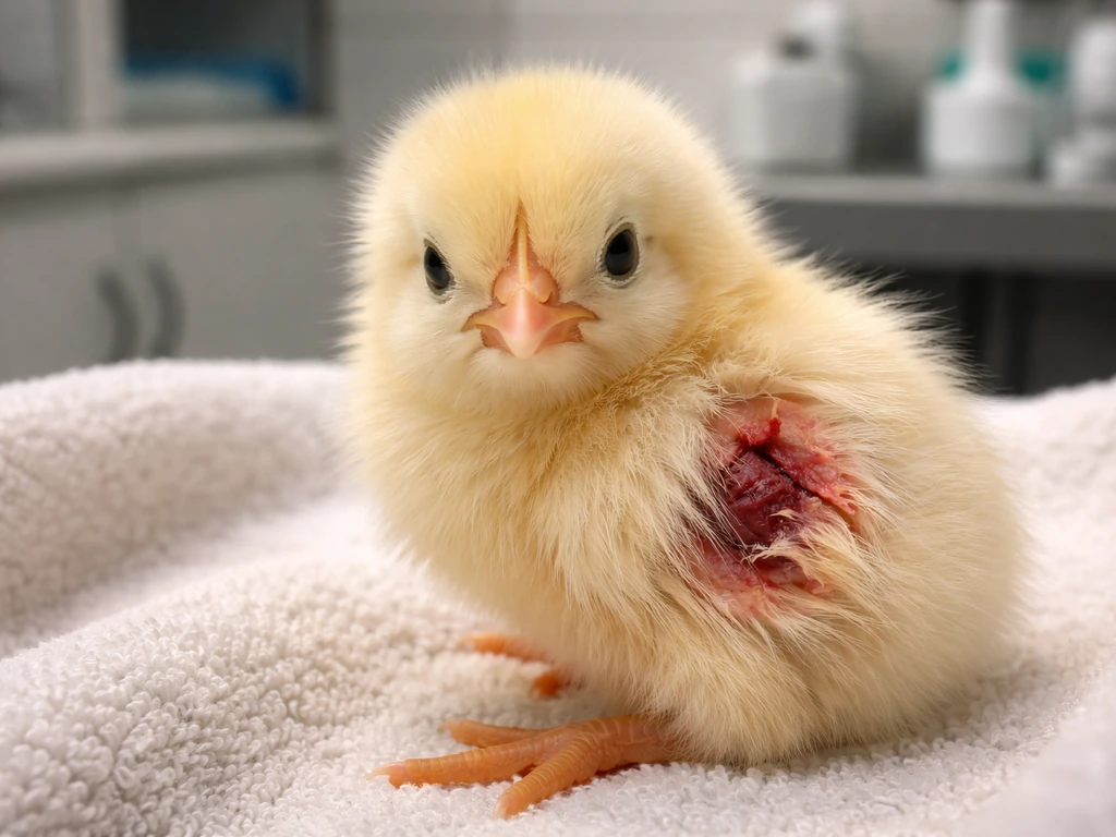 Close-up of an urgent, distressed chick with a visible torn, bleeding area on its body