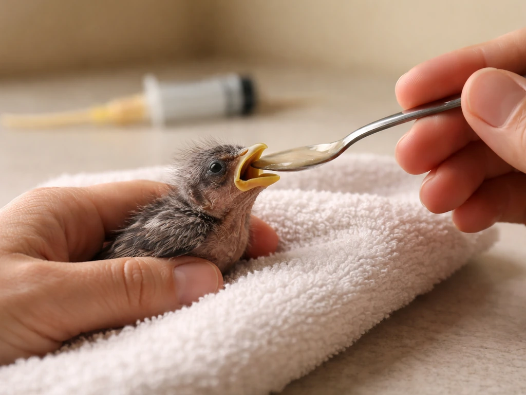 Close-up of a caregiver gently supporting a baby bird to feed safely, with a separate blurred glimpse of unsafe tube fee
