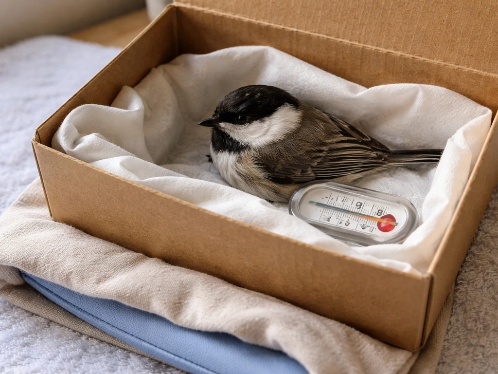 Small bird resting in a lined box with a safe heat source and a visible thermometer for warming.
