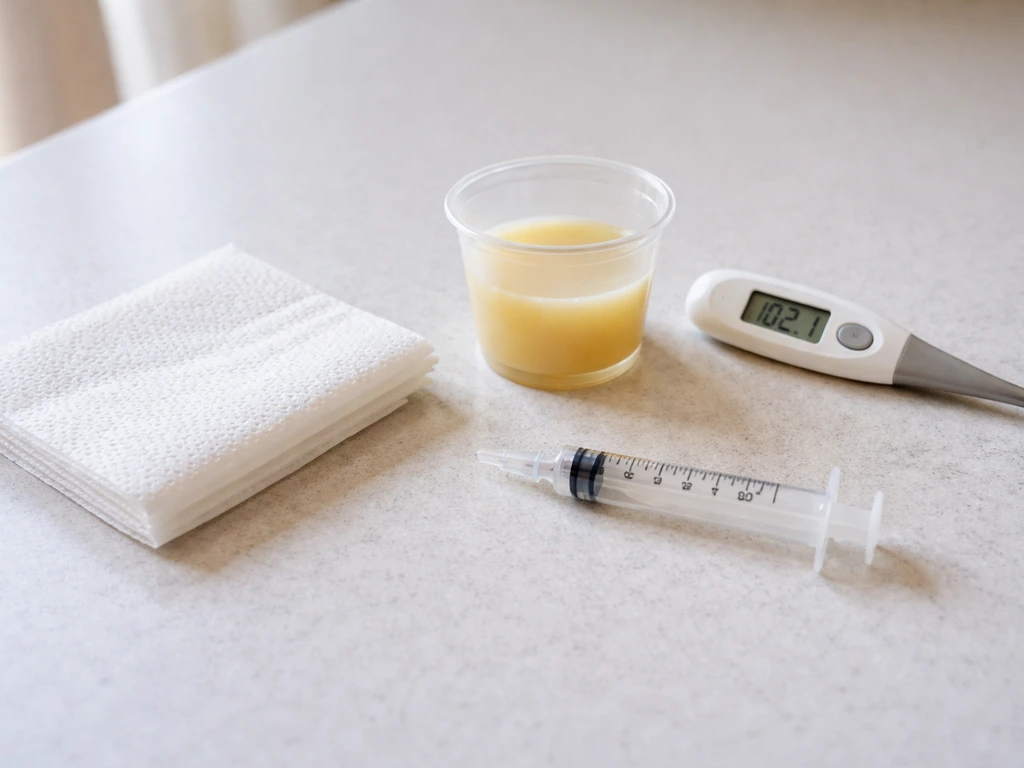 Harm-reduction feeding kit laid out: needleless syringe, warmed formula, thermometer, and paper towel on a clean surface