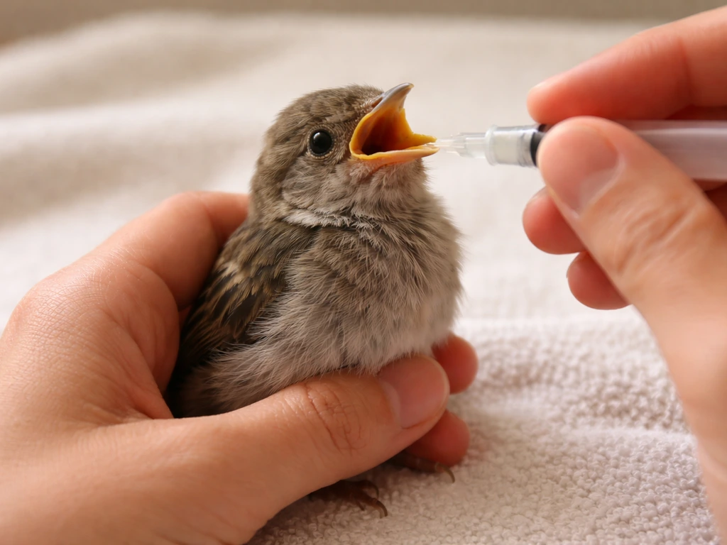 Small bird held upright by gloved hands while a syringe/feeder tip is gently positioned for feeding.