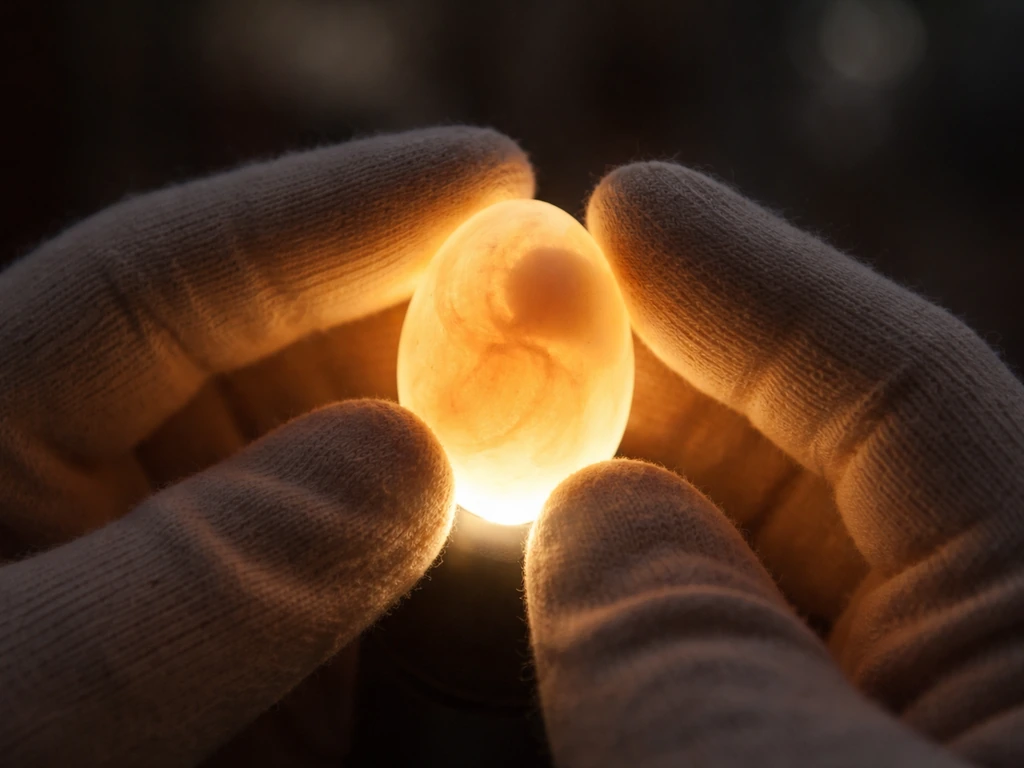 Gloved hands holding a small bird egg over a flashlight glow in a dark, minimal scene.