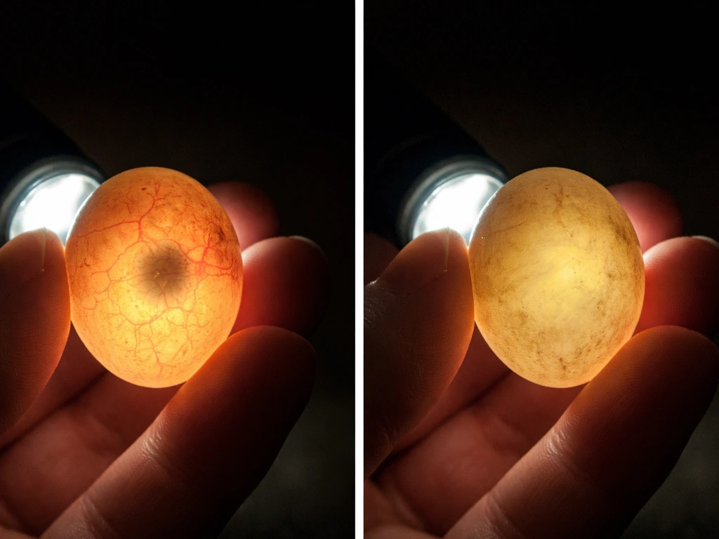Close-up two-part view: a lit bird egg showing a developing interior pattern versus a cloudy, non-developing egg.